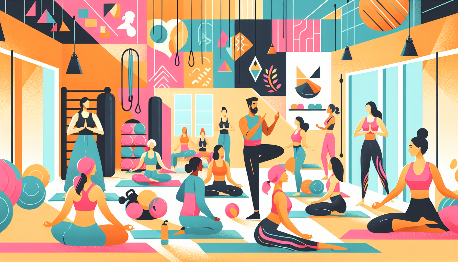 An inviting gym scene featuring a diverse group of women over 50 participating in a yoga class, with visible specialty equipment for older adults in the background, an expert trainer guiding the session, and a decor that reflects a warm and welcoming atmosphere.