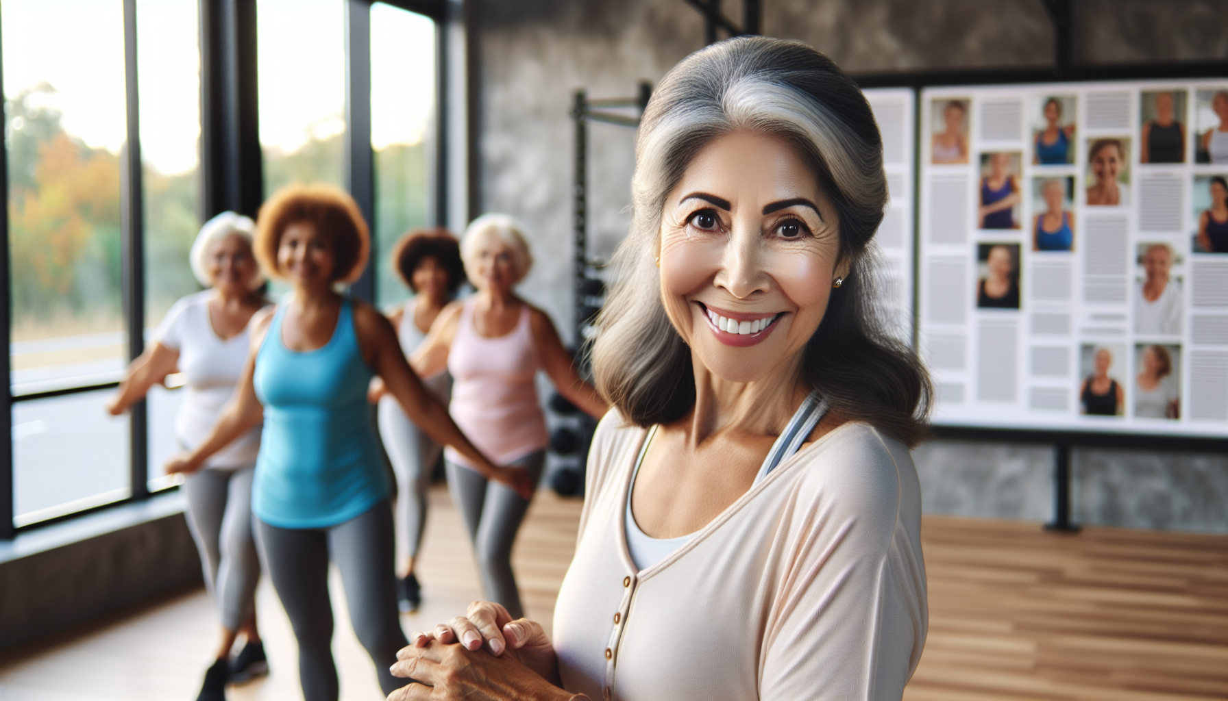 An elderly woman in her 50s, with a friendly smile, examining a clean and vibrant gym environment that boasts of modern safety features while checking out various gym facilities and interacting with a gym trainer. The scene also includes a diverse group of older women participating in a low-impact aerobics class in the background, reflecting warmth and accessibility. The gym should emanate welcoming vibes with clear displays of safety protocols and members’ testimonials featured on the walls.