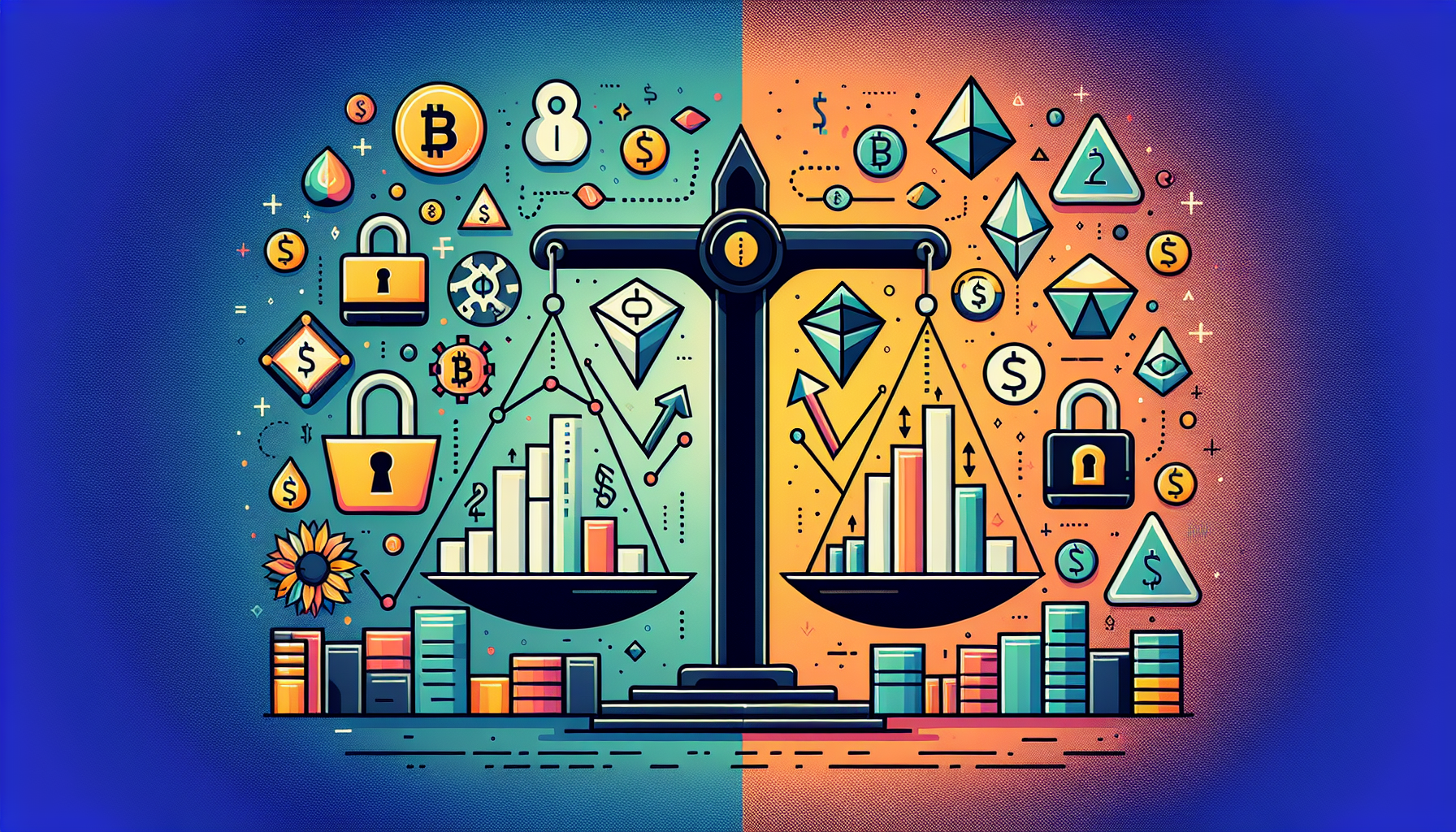 Create an image featuring a balanced visual representation of the benefits and risks associated with cryptocurrency. On one side of the image, illustrate potential advantages such as security, transparency, and low transaction fees using symbols like padlocks, transparent blocks, and dollar signs with arrows pointing down. On the other side of the image, depict common risks such as market volatility, regulatory issues, and security concerns with imagery like fluctuating graph lines, regulatory documents, and warning symbols. Above everything, a digital representation of a scale should balance these benefits and risks, symbolizing the need for careful consideration in the world of cryptocurrency.