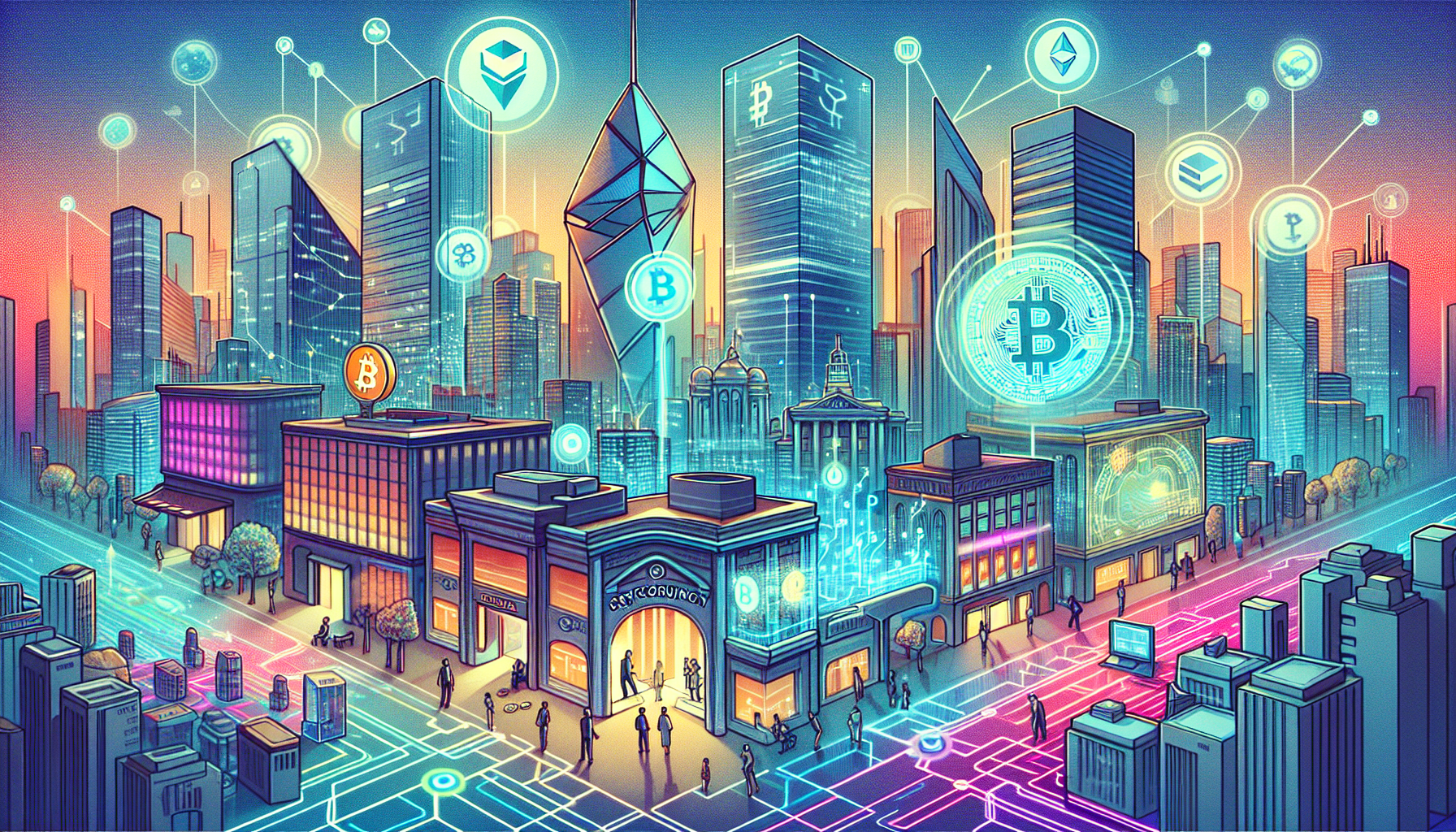 Create an image that illustrates the future impact of cryptocurrency on global finance. The image should feature a futuristic cityscape with iconic financial buildings integrating digital elements, such as holographic cryptocurrency symbols (like Bitcoin, Ethereum, etc.), and people engaging in digital transactions using augmented reality. There should be visual representations of key trends like decentralized finance (DeFi), blockchain networks connecting banks, and regulatory symbols discussing compliance. Highlight a balance between traditional and digital financial worlds to depict transition and coexistence.