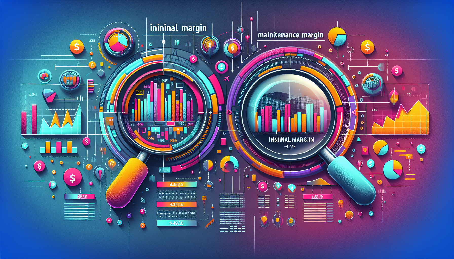 Create an image that illustrates the key aspects of TradeStation futures margin, focusing on Initial Margin and Maintenance Margin. Show a comparison chart with clear labels and colorful graphics to explain the difference between the two margins. Include elements like graphs, a TradeStation platform interface, currency symbols, and a magnifying glass highlighting margin factors. Add a subtle background showing the trade market to set the context.