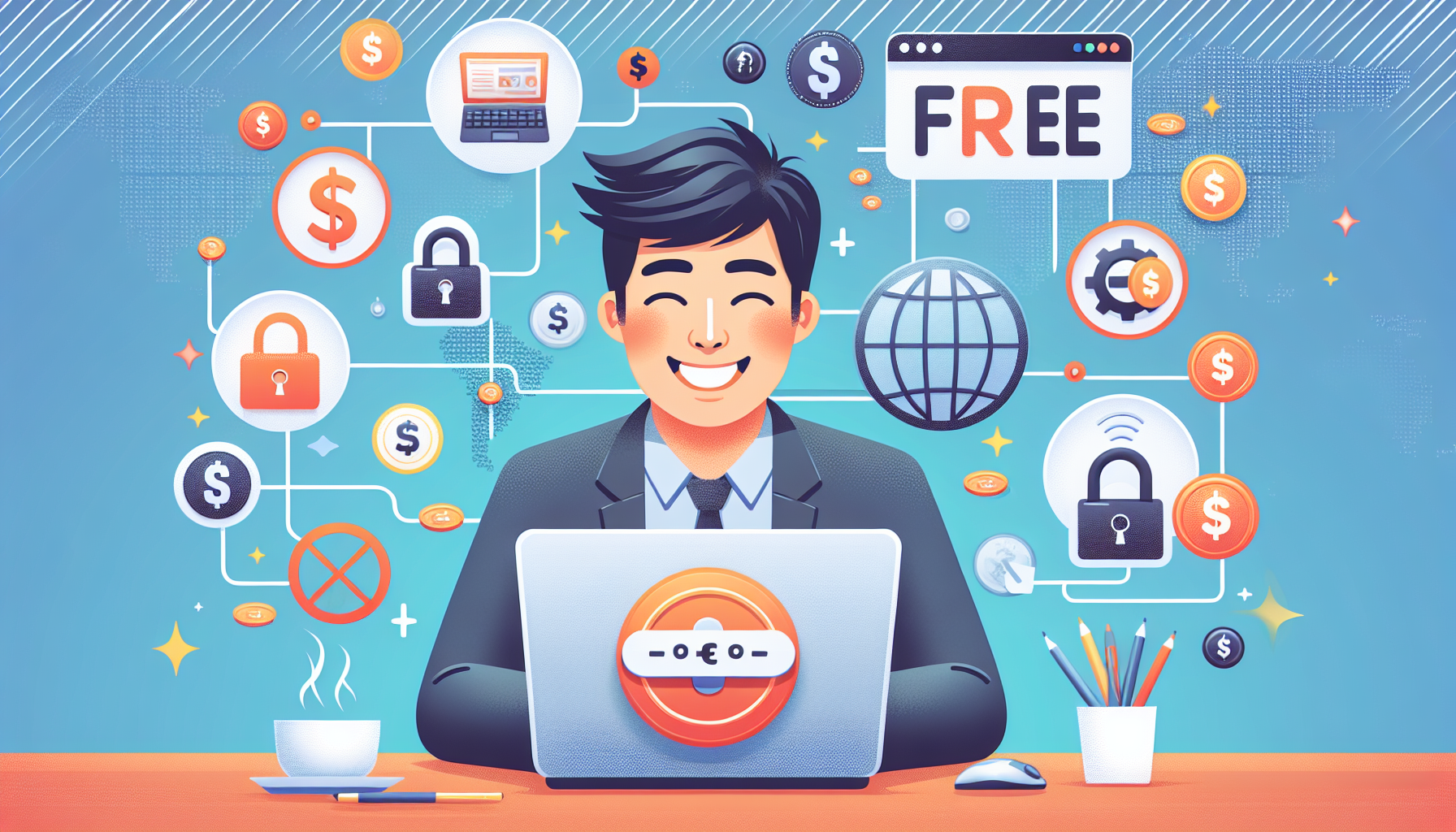 Create an image that shows a happy user sitting at a desk with a laptop, with various icons representing security, global access, and cost savings hovering around the screen. The background should include diverse elements like a world map, dollar signs, and locks. The user should look content and relieved, suggesting the ease and convenience of using a free VPN. Highlight the affordability with a Free tag prominently displayed.