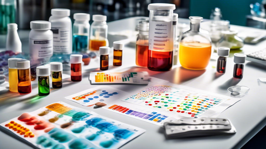 An analytical laboratory with diverse scientists studying the chemical components of hangover patches laid out on a table, including Vitamin B, Vitamin C, and herbal extracts, with a digital display in the background showing graphs and data from clinical studies on their efficacy.