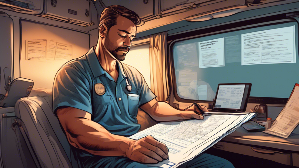 Detailed illustration of a commercial driver studying a comprehensive checklist of documents and medical records required for a CDL medical exam. Surrounding him are visual tips on preparing physically and mentally, like getting adequate sleep and avoiding specific medications, depicted in a calming bedroom setting. Include imagery of a calendar marked with the exam date and a follow-up folder for result submission, emphasizing organized preparation.