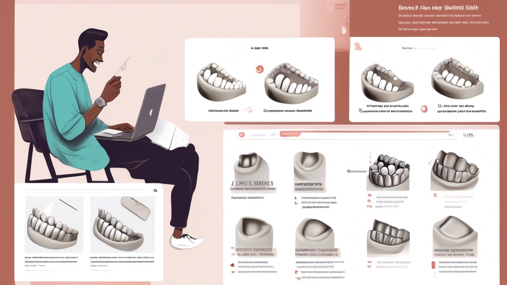 Prompt: A detailed illustration showing the step-by-step process of booking customized teeth grillz. The first part depicts someone researching and choosing a reputable grillz artist online, with a laptop open and review ratings visible. The second section shows the person at an initial consultation with the artist, reviewing a portfolio and discussing design ideas. The final part demonstrates the process of taking accurate teeth measurements using dental molds for a perfect fit. The background is a modern, stylish studio with dental equipment, design sketches, and examples of different grillz on display.