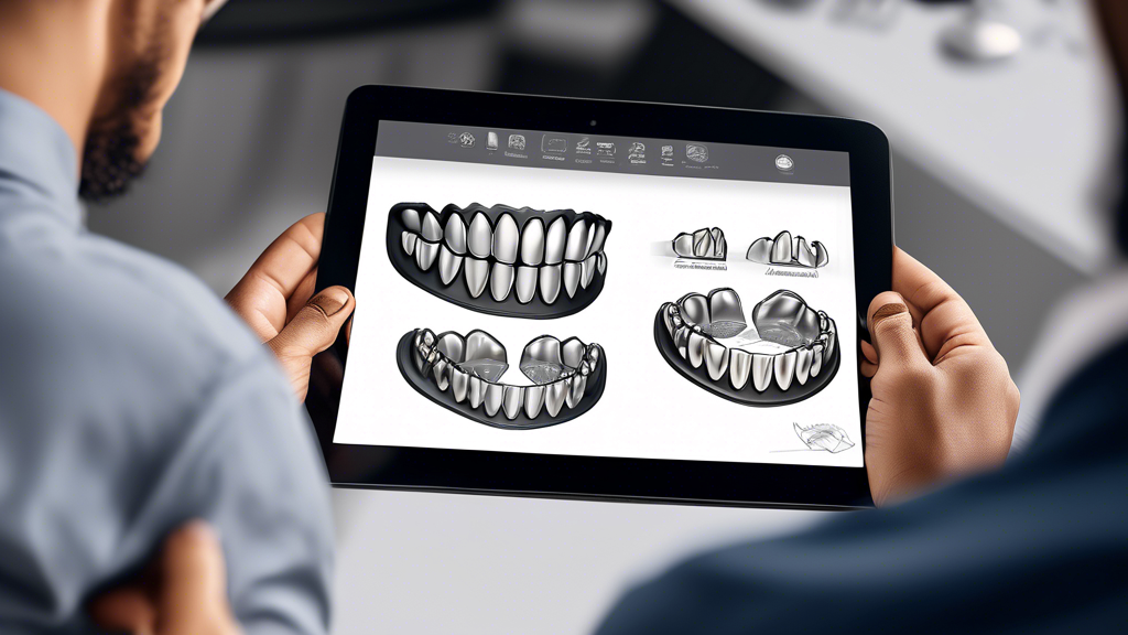 Create a high-resolution image showcasing the final stages of ordering customized teeth grillz. The image should feature a detailed close-up of a stylish, modern workspace where a customer is sitting with a skilled grillz artist. The two are reviewing various design and material options on a digital tablet. Include elements like sample teeth molds, glittering grillz, and design sketches on the table. Highlight the moment where the customer is making a secure payment using a credit card, emphasizing the professionalism and craftsmanship involved in the process. Keywords: customized teeth grillz booking, design review, payment processing, professional artist.