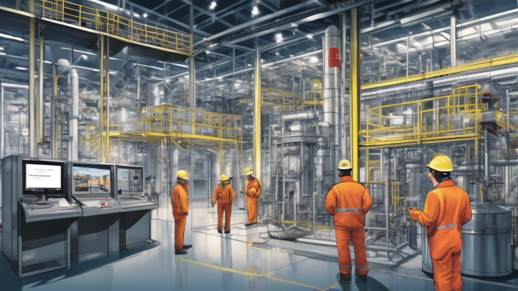 Prompt for DALL-E: A detailed illustration of an oil and gas development facility with various safety and regulatory compliance elements highlighted. Showcase engineers inspecting equipment with safety gear, clear signage of environmental regulations, and certifications displayed prominently on the facility