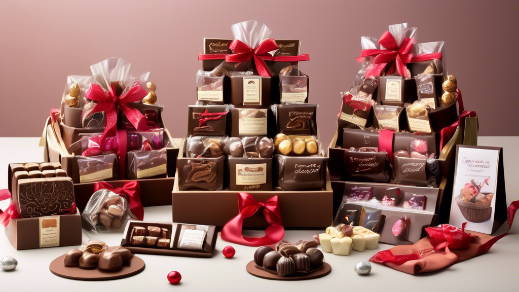 An elegant display at a craft fair featuring a variety of ten creatively themed chocolate gift baskets, each uniquely designed for special occasions like birthdays, anniversaries, weddings, Valentine