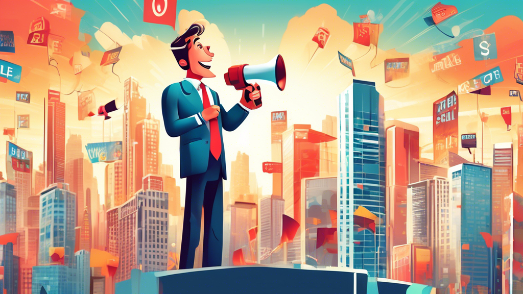 A panoramic view of a real estate agent standing on top of a skyscraper, holding a megaphone and shouting out tips to sell over 10 properties fast, with a bustling city skyline and multiple SOLD signs in the background.