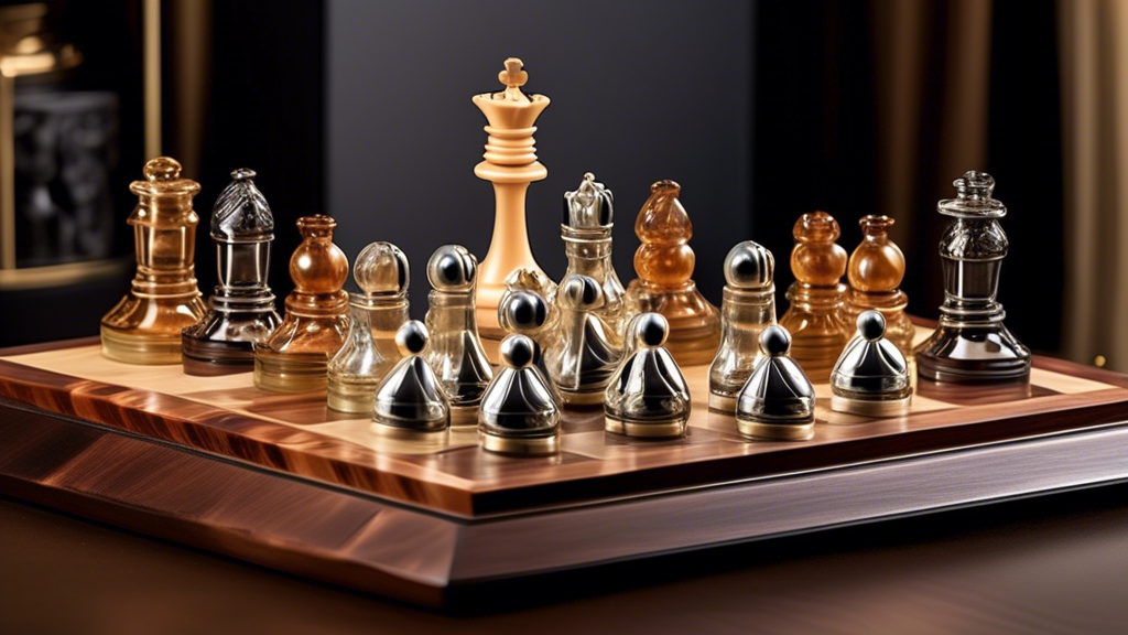 An elegant display showcasing a variety of deluxe chess sets made from different high-quality materials such as richly grained wood, shiny metal, and clear glass, with a focus on the exquisite hand-carved details of the chess pieces, varying from standard tournament sizes to larger decorative pieces, arranged beautifully on a sophisticated table under soft, ambient lighting to emphasize their craftsmanship and intricate designs.