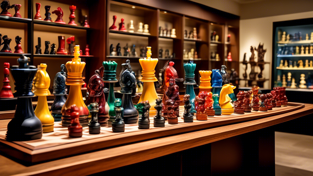 An elegant, upscale boutique filled with a variety of deluxe chess sets made from different exquisite materials like wood, metal, and glass, showcasing shoppers examining detailed hand-carved pieces and discussing authenticity with knowledgeable store associates.