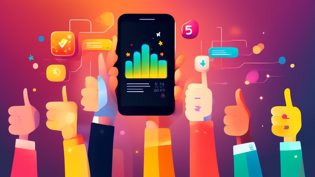 A hand holding a smartphone displaying a glowing Feefo review with a 5-star rating, surrounded by other happy customers giving thumbs up. The background should subtly display a growing bar chart, representing increasing sales and conversions.