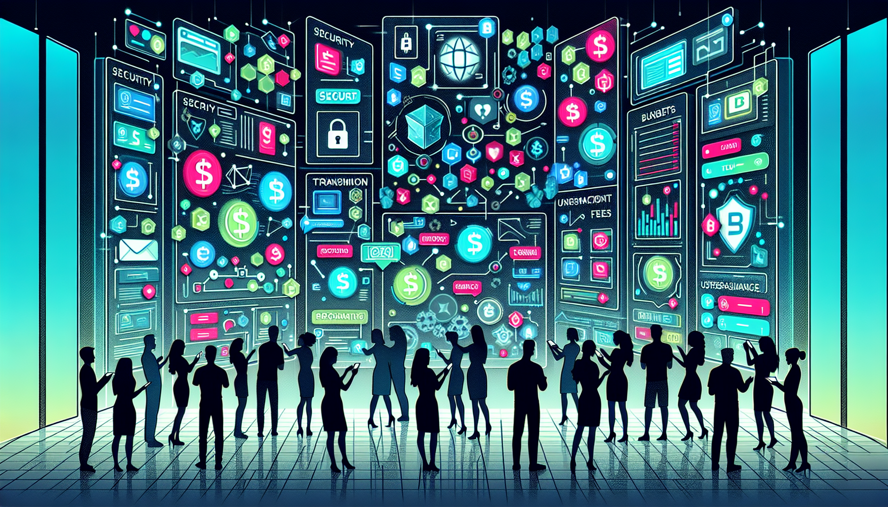 A detailed and engaging illustration showing individuals evaluating different cryptocurrency exchanges. They are surrounded by large screens showcasing attributes such as security features, user interface, transaction fees, supported currencies, and user reviews. The image should include logos of popular exchanges like Coinbase, Binance, and Kraken for comparison. The setting should feel modern and digital, with touches of futuristic elements to emphasize the advanced technology behind cryptocurrency exchanges.