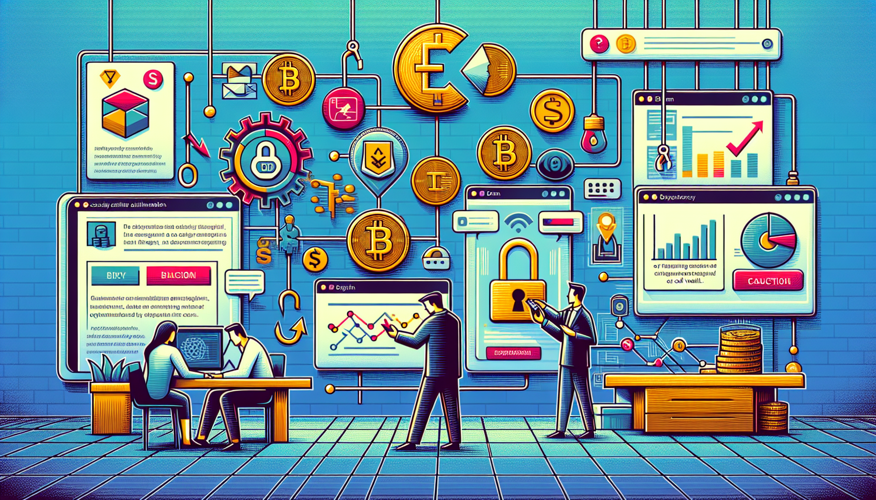 Create an image that illustrates best practices for using a cryptocurrency exchange. The scene should visually represent key security measures such as two-factor authentication (2FA), a user storing funds in cold wallets, and being cautious of phishing scams. Additionally, depict efficient transaction management by showing a simplified dashboard for tracking transactions and understanding fees. In the background, subtly include elements that signify staying updated with exchange policies and market conditions, such as a bulletin board with news articles, notifications, or graphs. The image should be clean, modern, and tech-focused, aiding users in navigating the cryptocurrency landscape effectively.