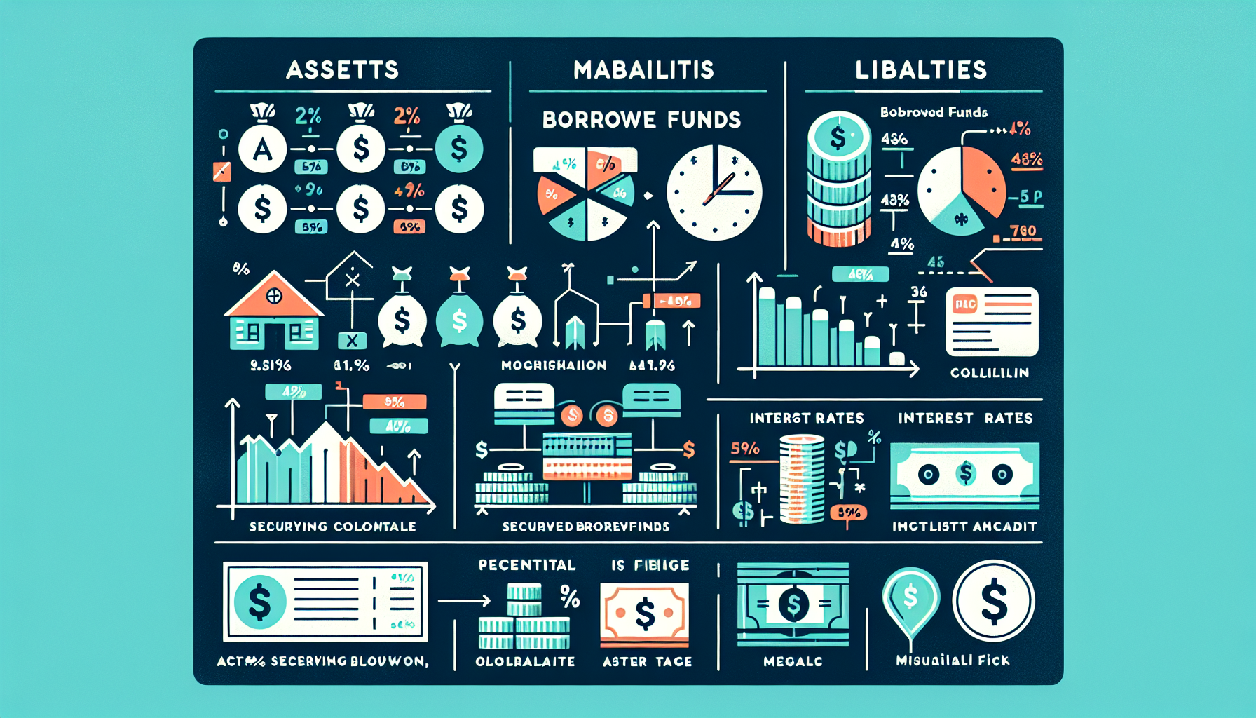 Create an image that illustrates the mechanics of borrowing funds in a margin account. Show a simplified balance sheet with assets on one side and borrowed funds as liabilities on the other. Depict collateral being used to secure the borrowed funds, maybe through icons or symbols. Include visual elements that represent interest rates and fees, such as a percentage sign and a dollar bill. Use a professional, educational style with clear labels and minimal text to focus on the visual explanation of how a margin account operates.