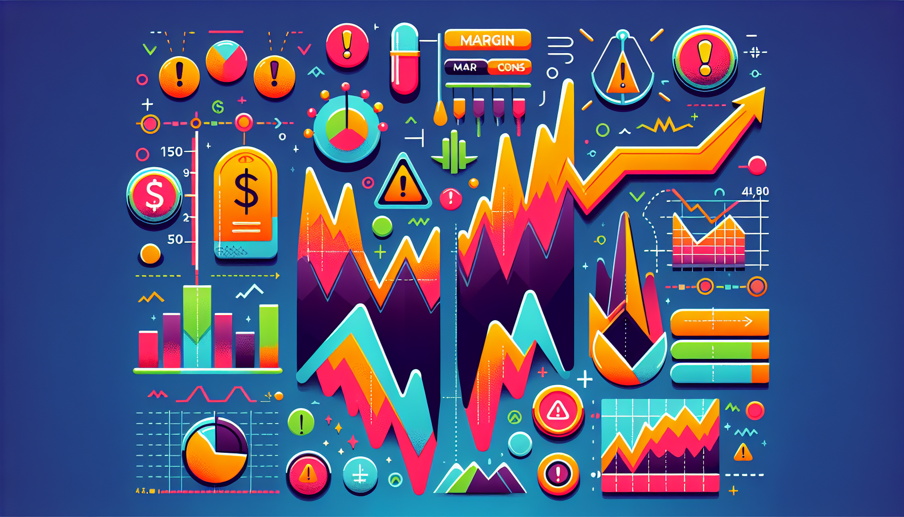 DALL-E prompt: Create an image that illustrates the advantages and risks of using a margin account in stock trading. Show a graph with spikes to symbolize potential for higher returns through leverage, but also include warning icons like exclamation marks and a trend line heading downwards to depict risks such as market volatility and margin calls. Integrate visual elements like a balance scale to highlight the importance of managing risk in a margin account.