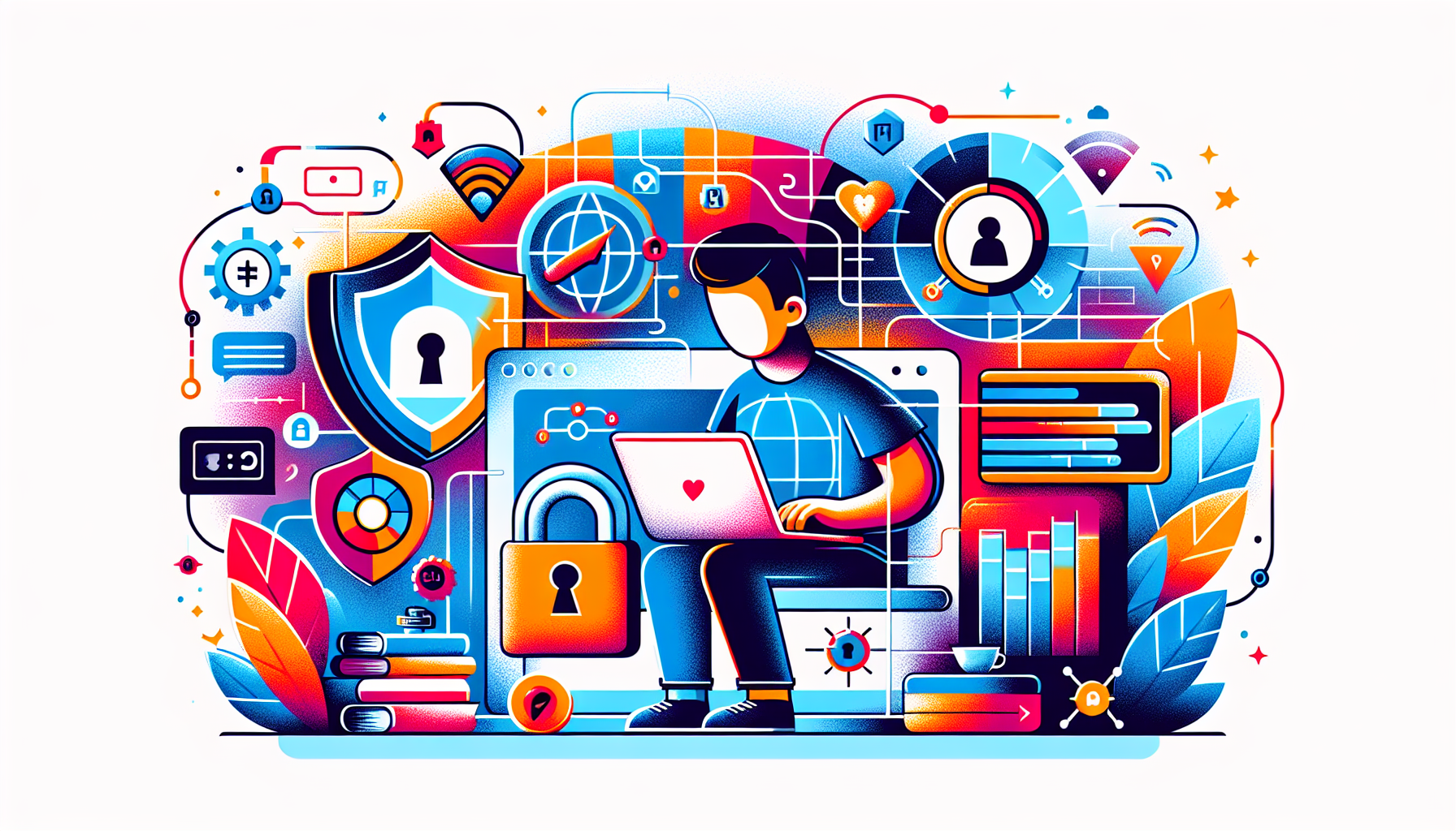 A digital illustration showcasing a person comfortably browsing the internet on a laptop in a cozy setting, with virtual representations of global content streaming services unlocked, a speedometer showing fast internet speed, and network graphics indicating a stable connection. The image should clearly incorporate the NordVPN logo and visually demonstrate how using NordVPN enhances internet experience by providing access to global content, optimizing speed through NordLynx technology, and ensuring a stable connection.