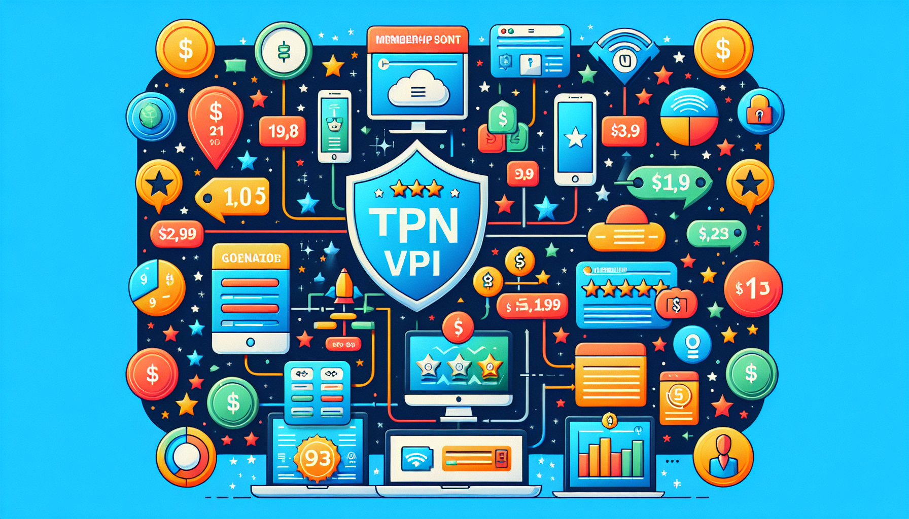 Prompt for DALL-E:

Create an informative and visually engaging illustration that compares NordVPN with other VPN services in the market. Highlight aspects such as pricing plans, multi-device compatibility, and user ratings. Include visual elements like price tags, various devices (e.g., smartphones, laptops, tablets), and ratings or reviews from both professionals and everyday users. Emphasize NordVPN