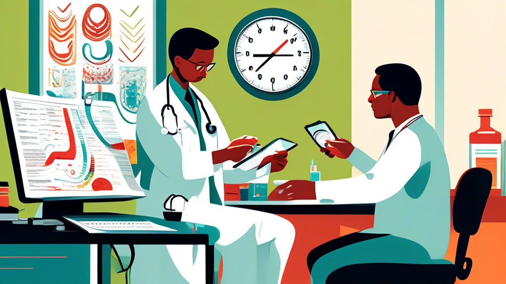An illustration of a doctor conducting a physical examination on a commercial driver in a medical office, depicting a stethoscope check, vision test, and blood pressure measurement, with a clipboard showing a checklist of examination points such as vision, hearing, and cardiovascular health, intended to prepare individuals for the DOT exam.