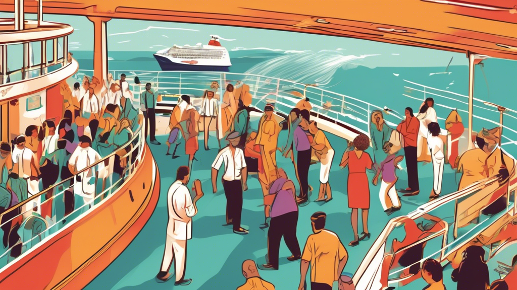 An illustrated step-by-step guide showing a person reporting an injury to cruise ship staff, obtaining medical help on board, and gathering witness statements, with a focus on capturing photographic evidence of the incident scene, all depicted on a bustling cruise ship deck.