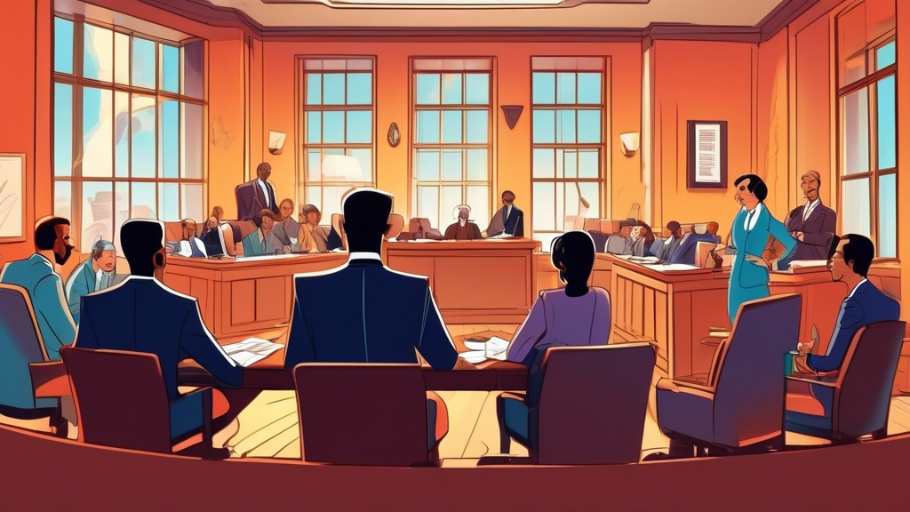 An animated courtroom with a cruise ship visible through a window, where a diverse group of legal professionals, including a determined attorney and his client, are discussing cruise ship injury claims, highlighting the legal framework and potential compensation, with legal books and a gavel on the foreground table.