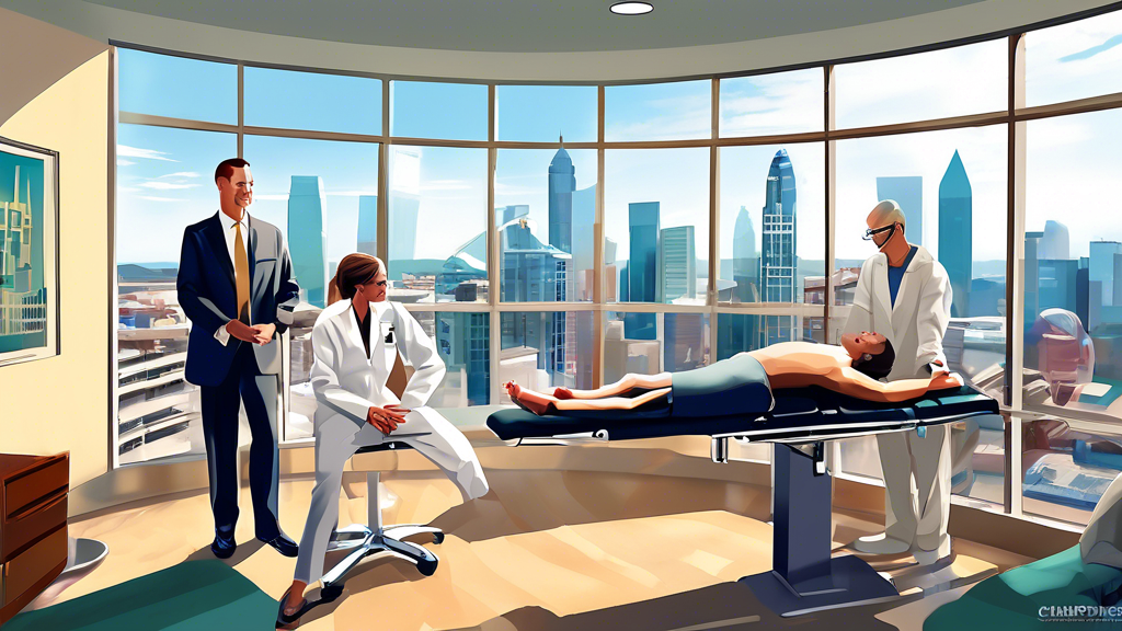 A detailed and vibrant illustration showcasing a variety of top chiropractic services being performed in a modern, welcoming clinic in Charlotte. The image depicts chiropractors in professional attire treating patients on advanced chiropractic tables. The scene includes a view of the Charlotte skyline through large windows, integrating the city’s famous landmarks. Each section of the clinic illustrates a different chiropractic technique, such as spinal adjustments, posture analysis, and therapeutic exercises, all populated with diverse patients and staff.