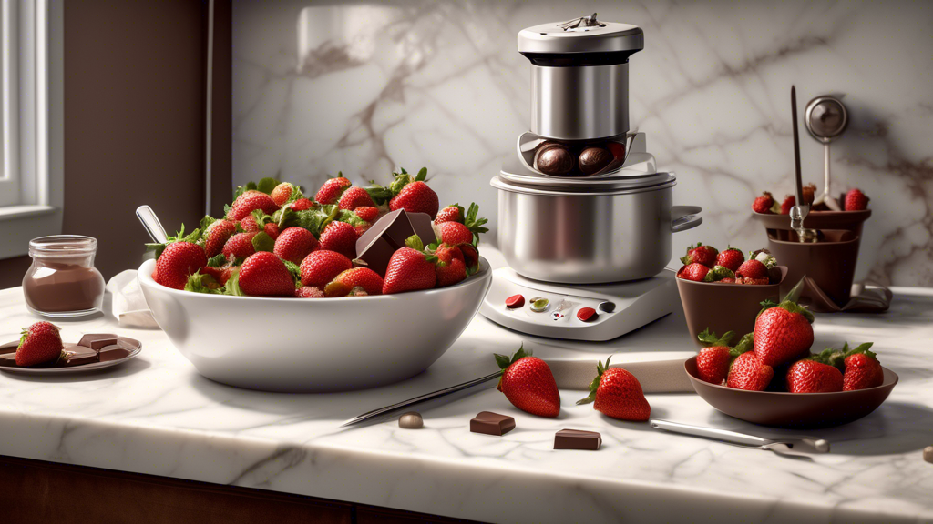 An inviting kitchen workspace setup for making chocolate strawberries, featuring a variety of gourmet chocolate types, fresh strawberries, a double boiler, parchment paper, and a thermometer laid out neatly on a marble countertop.