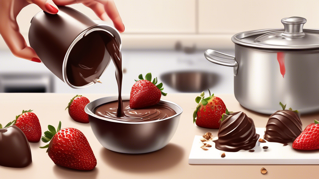 Visual step-by-step guide demonstrating the process of making chocolate strawberries at home, showcasing someone carefully melting dark chocolate in a double boiler, dipping plump, fresh strawberries into the smooth, glossy chocolate, and creatively decorating them with various toppings like crushed nuts and white chocolate drizzles, set on an elegant kitchen countertop.