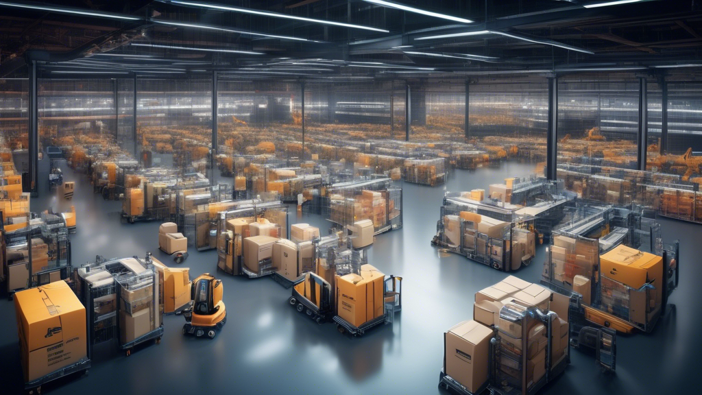 Create an image of a high-tech warehouse where robotic arms and drones are efficiently sorting and moving packages. The background includes computer screens showing complex algorithms and data analytics in real-time, representing AI optimizing the logistics process for maximum efficiency.