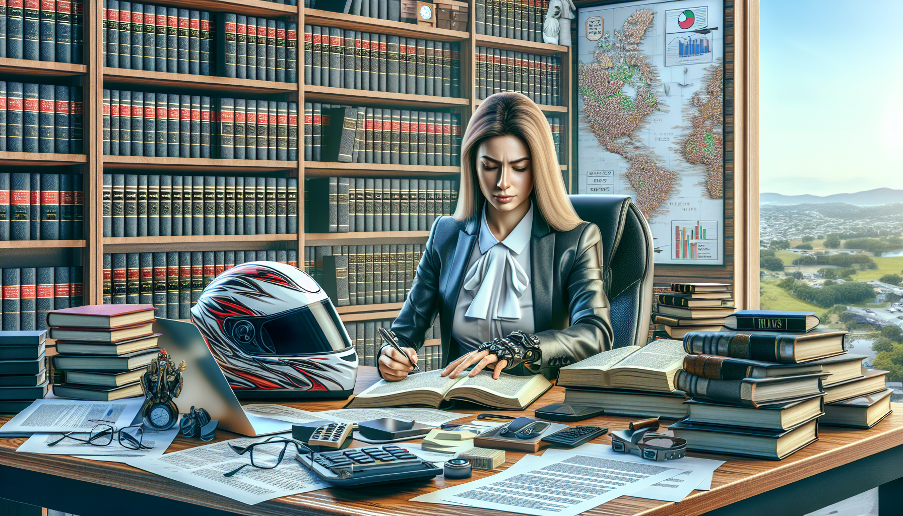 An image of an attentive motorcycle accident lawyer in an office, surrounded by legal books, reviewing motorcycle laws with a focused expression. Visible on the desk are documents, a laptop showing case success charts, and client testimonials. In the background, a map pinpoints the office location for accessibility. Include a motorcycle helmet on the corner of the desk symbolizing the specific area of law expertise.