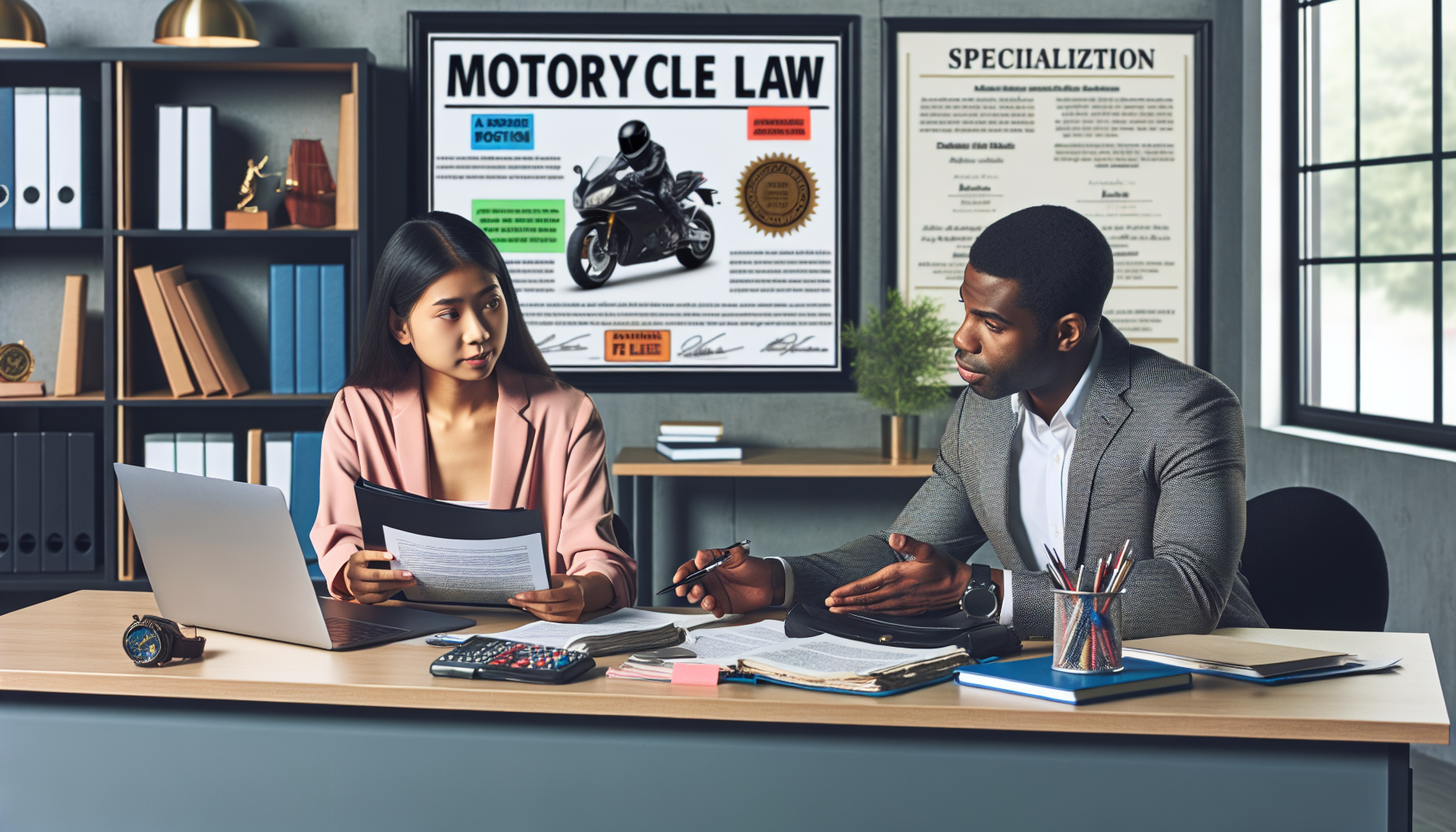 An image of a motorcycle accident victim sitting at a desk with their lawyer, surrounded by various legal documents and a laptop. The lawyer is pointing at a document, explaining details, while the client listens intently, taking notes. Nearby is a poster showing a fee structure. The setting is a well-organized, bright lawyer