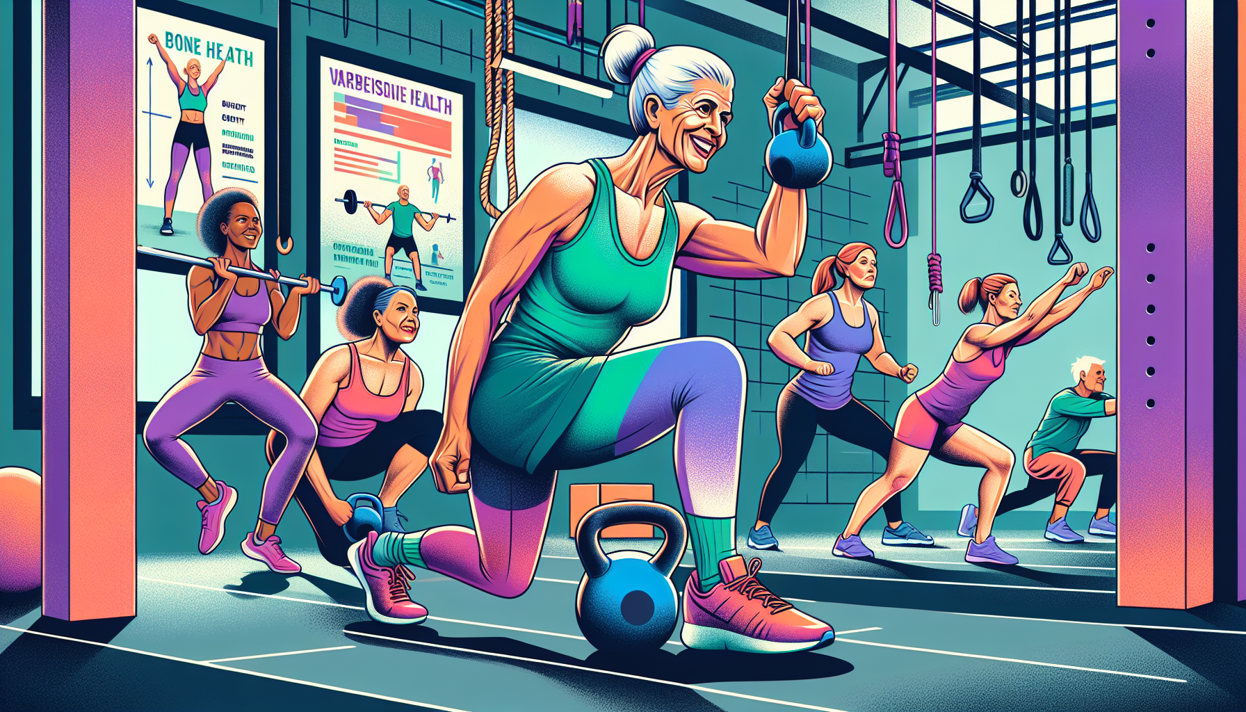 DALL-E prompt: Illustrate a dynamic and inspiring scene at a CrossFit gym showing a diverse group of women over 50 engaged in various exercises. They are displaying strength and flexibility while using equipment like kettlebells, ropes, and weights. One woman is doing a kettlebell lift, another stretches with a resistance band, and a third performs a box jump. The background should show posters emphasizing bone health and cardiovascular fitness, reflecting how CrossFit improves physical health in aging women.