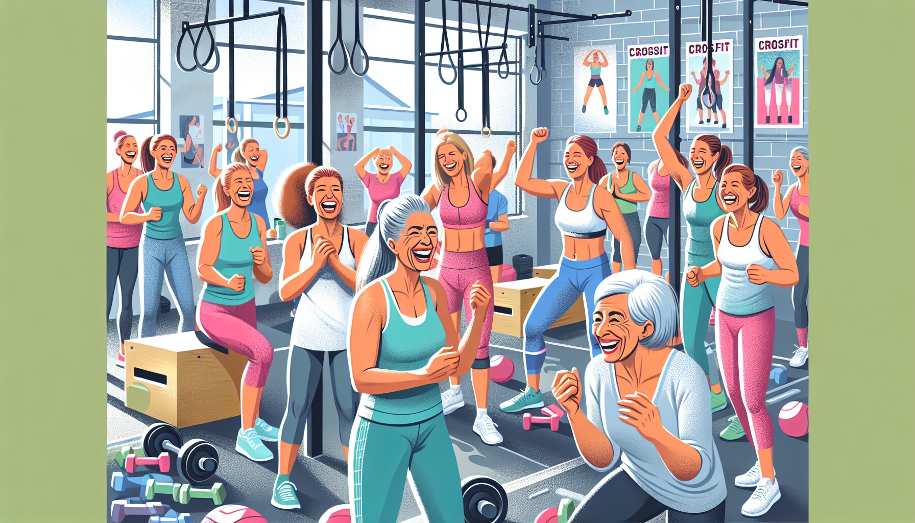 An illustration of a vibrant CrossFit class filled with women over 50 laughing and exercising together, showcasing the community aspect with participants cheering each other on, set in a well-equipped gym with motivational posters on the walls.