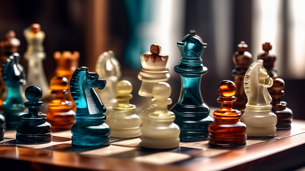 Close-up of a luxury chess set, showcasing intricate craftsmanship with pieces carved from marble and premium woods on a beautifully detailed glass chessboard, with a blurred background of an artisan