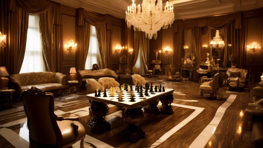 Create an elegant and sophisticated scene featuring a group of distinguished individuals gathered in a luxurious, richly decorated drawing room, engaged in playing and admiring an array of opulent chess sets. The chess sets should be made from materials like marble, glass, and finely crafted wood, each set unique and reflecting different styles and eras. The room is illuminated by soft, ambient light that highlights the intricate details of the chess pieces and boards, suggesting a serene, intellectually charged atmosphere. Include a visible backdrop of shelves filled with books and artifacts that indicate a refined taste and a cultured, intellectual lifestyle, subtly suggesting the reasons behind the popularity of such luxury items in this setting.