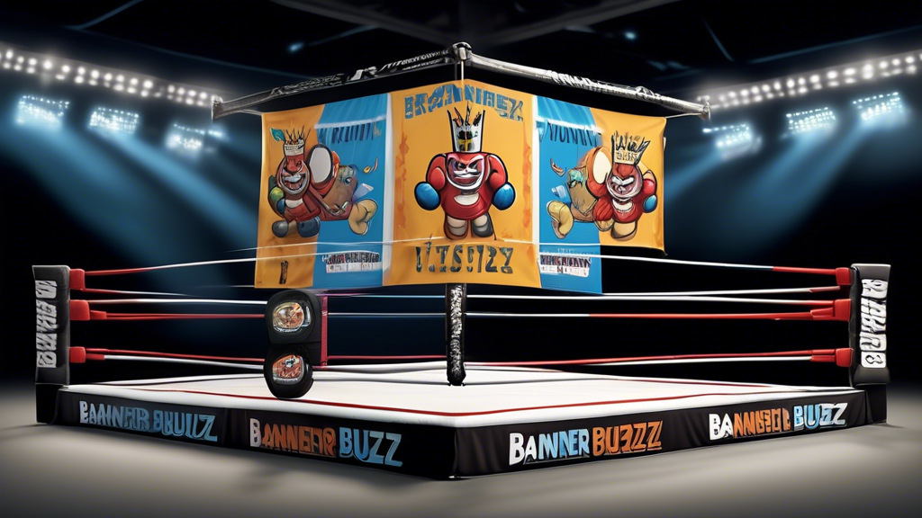 A boxing ring with four corners, each corner occupied by a mascot representing a printing service (one being Bannerbuzz). Each mascot holds a banner representing their brand, with exaggerated features showcasing their strengths (e.g., Vistaprint with a crown for most well-known, 48HourPrint with a rocket for fastest turnaround). Above the ring, a scoreboard reads Pricing, Quality, Features.