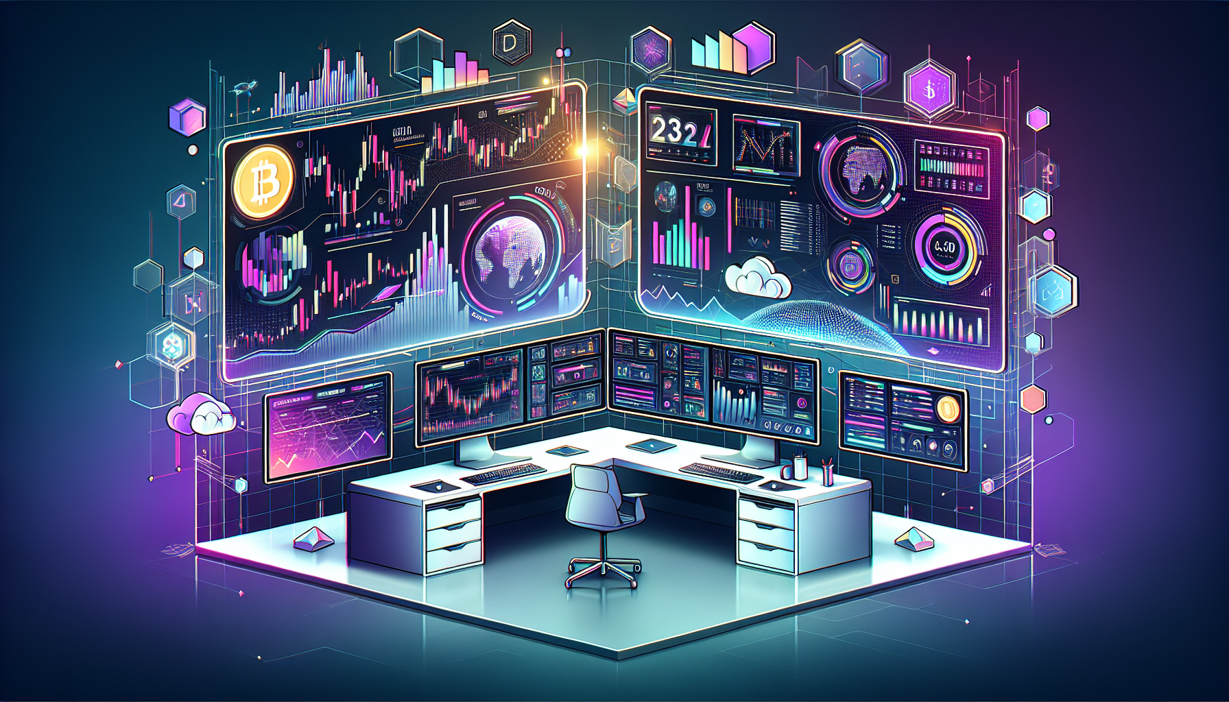 Create an image that showcases a sleek, modern workspace featuring multiple monitors displaying cryptocurrency trading platforms, market trend analysis tools, and a digital wallet interface. The workspace should have a futuristic design with vibrant colors, emphasizing a high-tech environment for adept cryptocurrency traders. Include elements such as graphs, charts, and numerical data to convey the analytical aspect of trading.