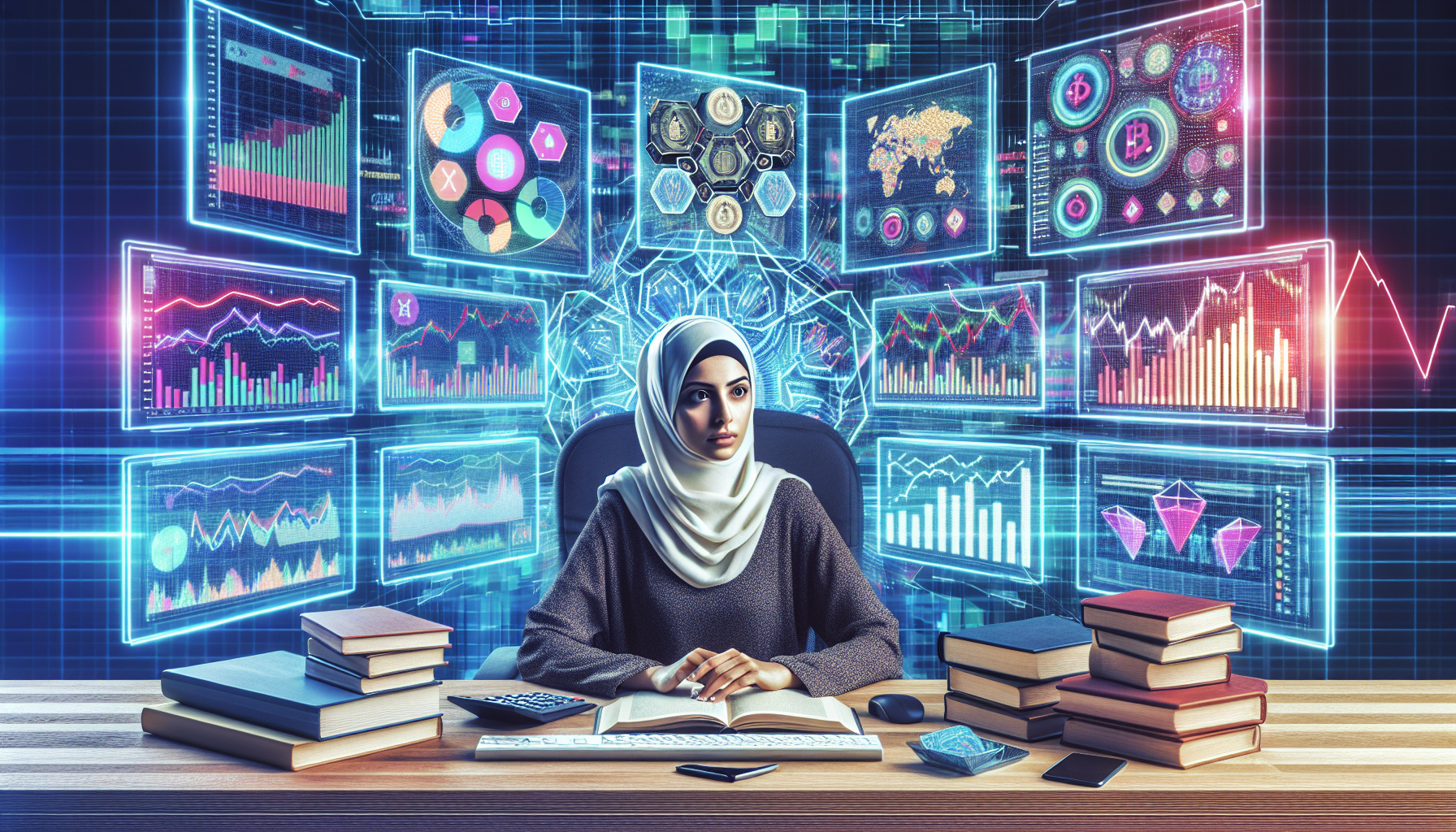 Create an image that depicts a highly focused individual sitting at a desk with multiple computer screens showing various cryptocurrency charts and graphs. The scene should include financial news headlines popping up on a screen, a stack of financial books, and a digital wallet device nearby. Vibrant graphics should highlight trends and data analytics, reflecting both fundamental and technical analysis in action. The backdrop can include a dynamic, futuristic setting that symbolizes the ever-changing and fast-paced nature of cryptocurrency markets.