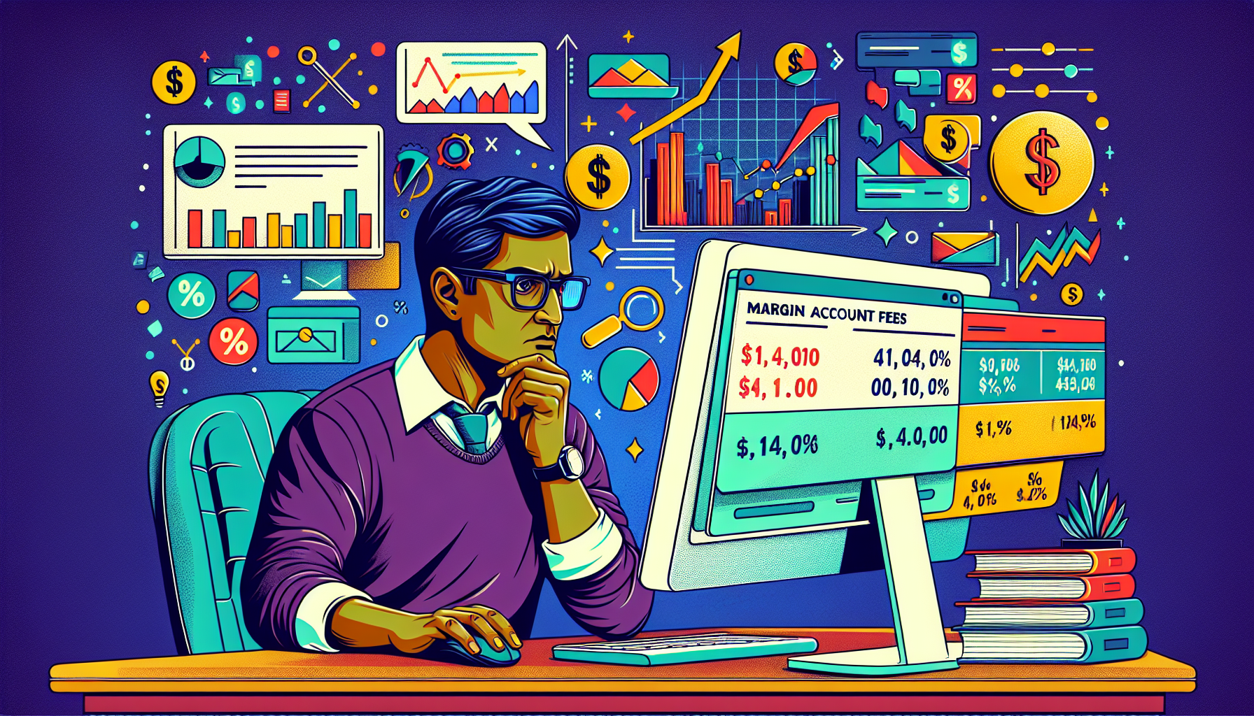 Create an image depicting a person analyzing a financial statement on a computer screen, with visible text showing TD Margin Account Fees and Interest Rates. Surround the scene with elements like dollar signs, percentage symbols, and charts. Include a focused expression on the person