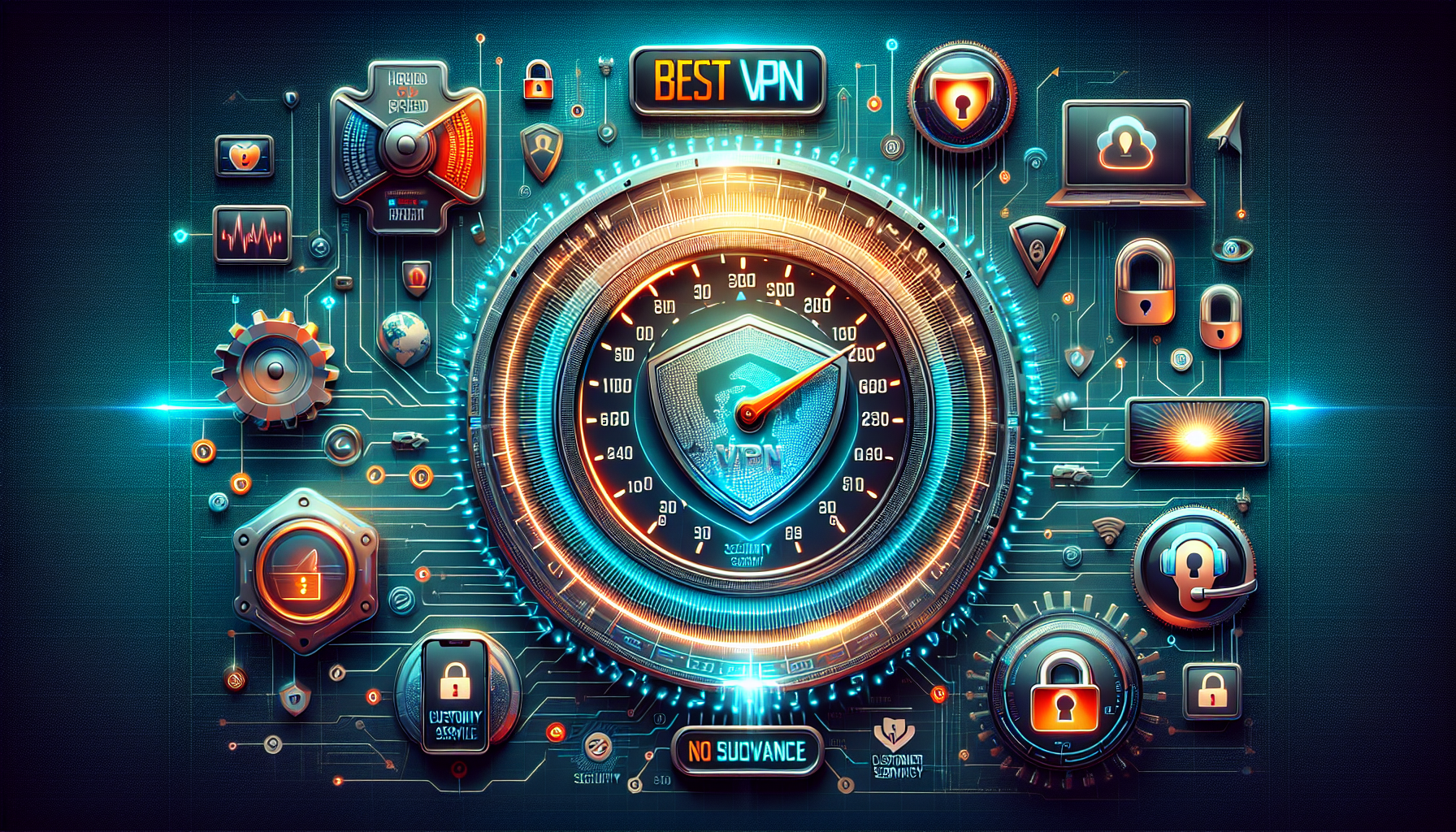 Create an ultra-modern, high-tech illustration showcasing the key features someone should look for in the best VPN in 2023. Include elements such as a speedometer representing high speed, padlocks and shield symbols for security and privacy, various device icons (phones, laptops, tablets) to show compatibility, and friendly customer service icons (like a headset). The background should have a digital, futuristic theme to emphasize the advanced technology of VPNs in 2023.