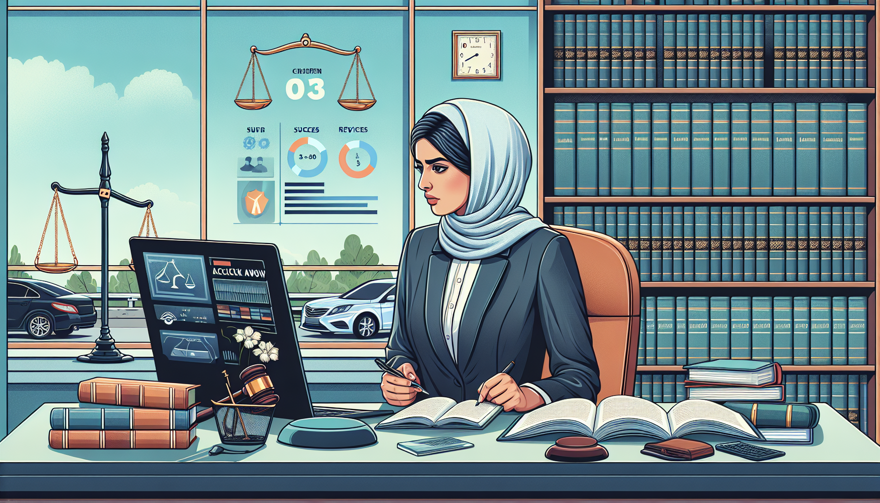 An image of a serious, focused car accident attorney in an office setting, surrounded by legal books, with car traffic seen through the window. She is reviewing a file and has a laptop open to client reviews. A chart on the wall shows various success rates and case timelines. Include symbolic scales of justice and a gavel to emphasize the legal environment.