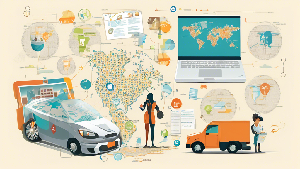 DALL-E generate an image of a person using a laptop, displaying a map with various marked locations representing DOT medical exam centers. Include elements like a coffee cup, a notebook with notes, and a pen on the table, symbolizing research and planning. The background should subtly indicate a transportation theme, with icons of trucks and other commercial vehicles.