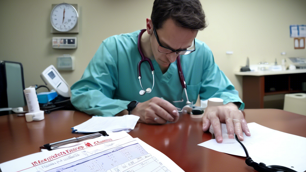 Image of a focused individual sitting at a table with a comprehensive checklist for a DOT medical examination, including items like identification, glasses, and a list of medications alongside him. In the background, blurred images of medical equipment such as a blood pressure cuff, an audiometer, and vision test charts are visible, depicting a medical office setting. The atmosphere is calm, aiming to reduce anxiety about the upcoming exam.