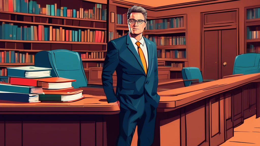 An experienced boat crash lawyer standing in a courtroom, surrounded by maritime law books, with a digital display behind him showing successful case statistics and client testimonials.