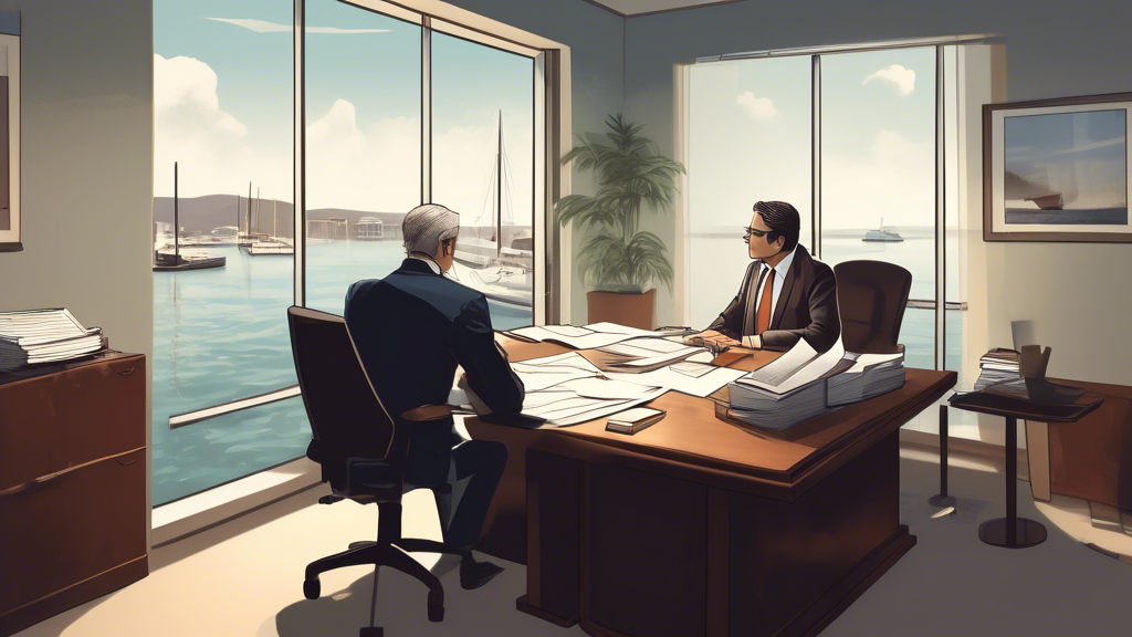 An illustrative depiction of a professional meeting between a potential client and a boat crash lawyer in a well-organized office setting. The image includes a serene view of a marina seen through the office window, symbolizing the lawyer