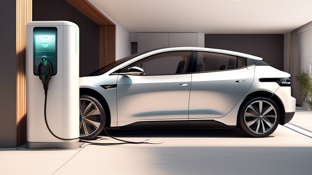 Create an image depicting a modern home garage where an electric vehicle is being charged using a sleek EV home charger. Emphasize key factors like the device’s power output and multiple connector types. Include visual elements that highlight smart features such as a mobile app on a smartphone screen showing the charging status. Show the installation process with a technician setting up the charger, and include visual hints of cost considerations like price tags or rebate flyers.