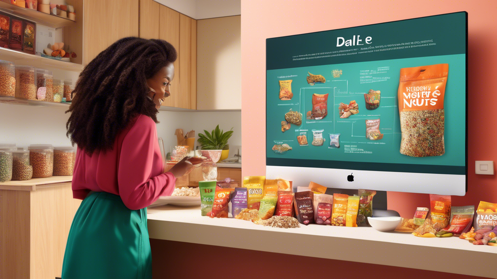 DALL-E prompt: A vibrant digital illustration of a modern, well-lit kitchen counter filled with various packets of Feastables snacks. Each packet is open, showcasing a colorful array of unique ingredients like quinoa, nuts, seeds, and dried fruits. In the background, a nutritionist compares these snacks with traditional snacks on a digital screen, highlighting the nutritional charts that emphasize low sugar and high fiber content. The setting is lively and engaging, aimed at promoting healthy lifestyle choices.