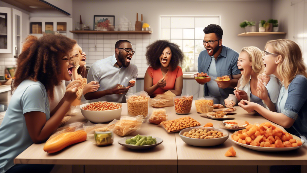 Group of diverse people in a modern kitchen, enthusiastically tasting and reviewing a range of Feastables snack products, with visible reactions of enjoyment and surprise, as they discuss the impact these snacks have had on their health and snacking habits. In the background, a chart shows the rising market trends and competition between healthy snack brands.