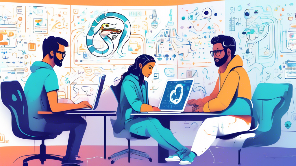 An artistic digital illustration of developers collaborating on a project using laptops and discussing code on a whiteboard, with various symbols of Python (snake logo) and GitHub (Octocat logo) integrated into the design. The background shows a repository of code with visual elements representing AI concepts like neural networks, machine learning algorithms, and data charts, all interconnected in a creative and modern workspace.