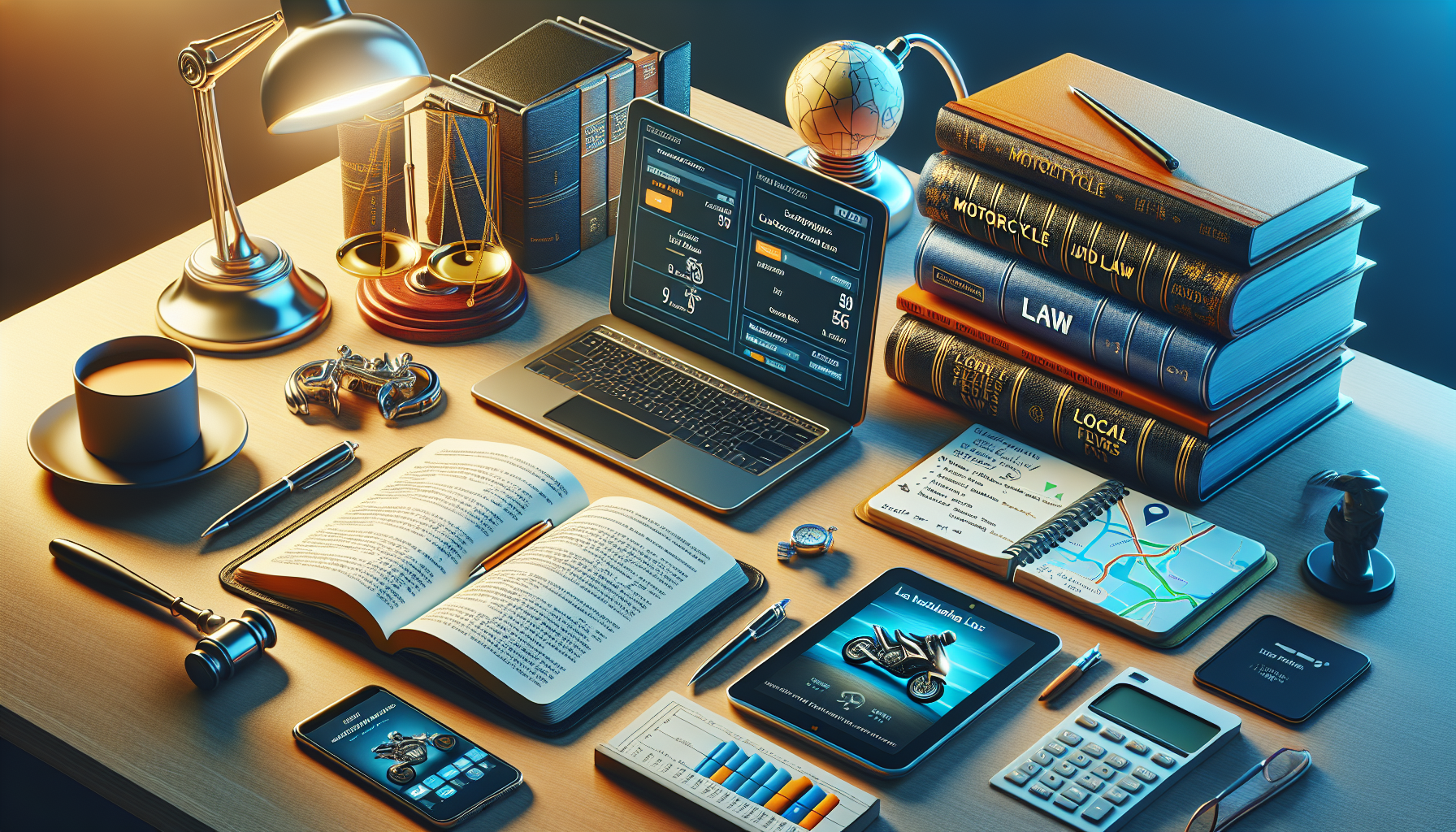 Close-up of a detailed and organized desktop environment showcasing a laptop open to a legal database, a stack of books on motorcycle law, a notepad with written notes about client reviews and lawyer success rates, and a smartphone displaying a map with local law firms highlighted, all under the soft glow of a desk lamp symbolizing late-night research.